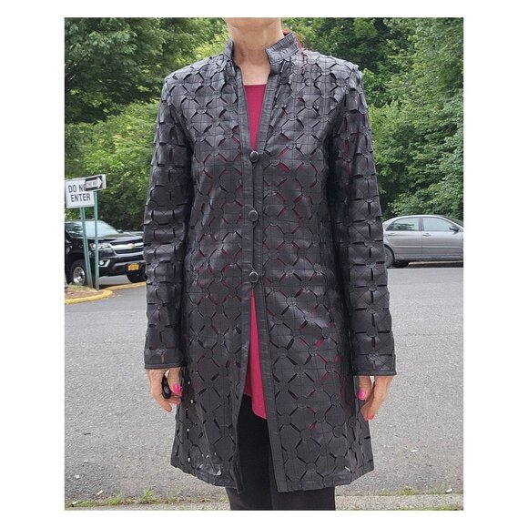 BARCELINO Vintage Genuine Lamb Cut Out Black Jacket Trench Coat - Picture 2 of 10